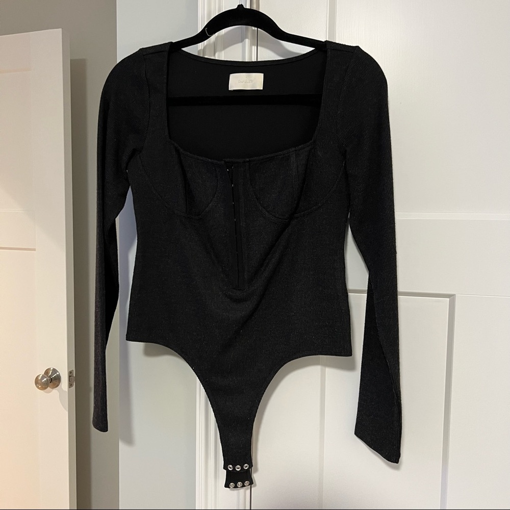Capulet! Charcoal grey ribbed cup bustier top bodysuit with hook and eye top